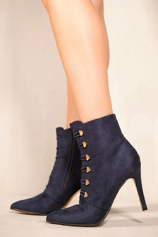 BLYTHE POINTED TOE MID HEEL ANKLE BOOTS WITH GOLD BUTTONS IN NAVY BLUE FAUX SUEDE