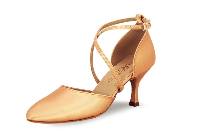 BD Dance 103 Ladies Tan Satin Smooth Ballroom Dance Shoe with Cross Strap