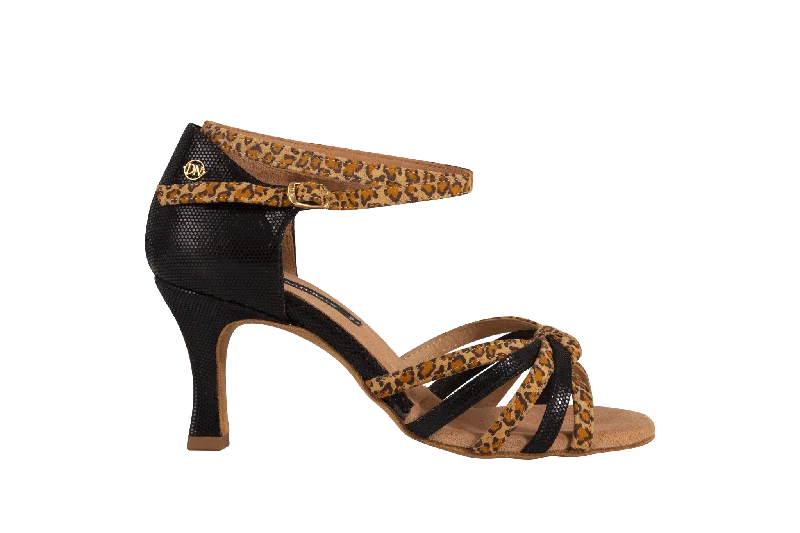 Dance Naturals 25 Canoa Black/Leopard Print Knotted Multi-Strap Latin Dance Shoe with Double Ankle Strap