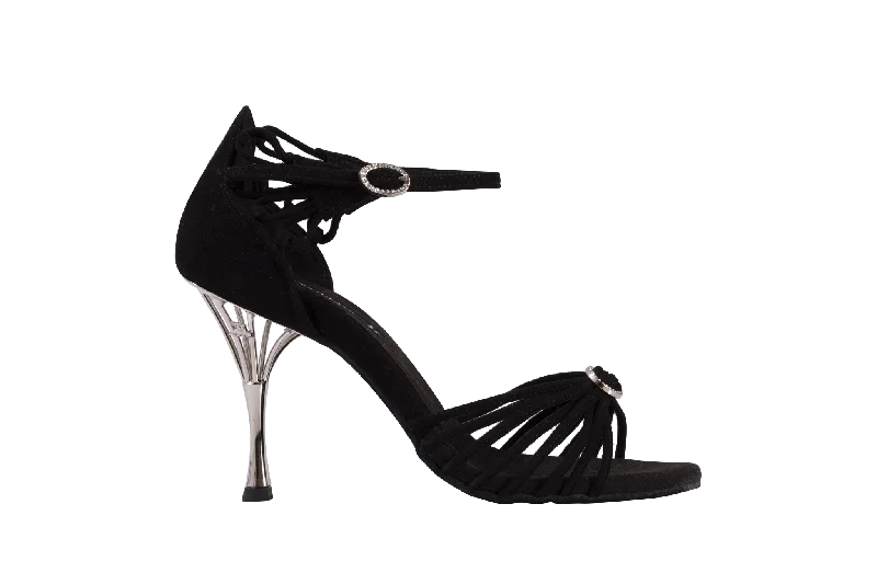 Dance Naturals 883/884 Venere Black Suede Multi-Strap Latin Shoe with Swarovski Buckles and Flower-Shaped Embellishment on Heel