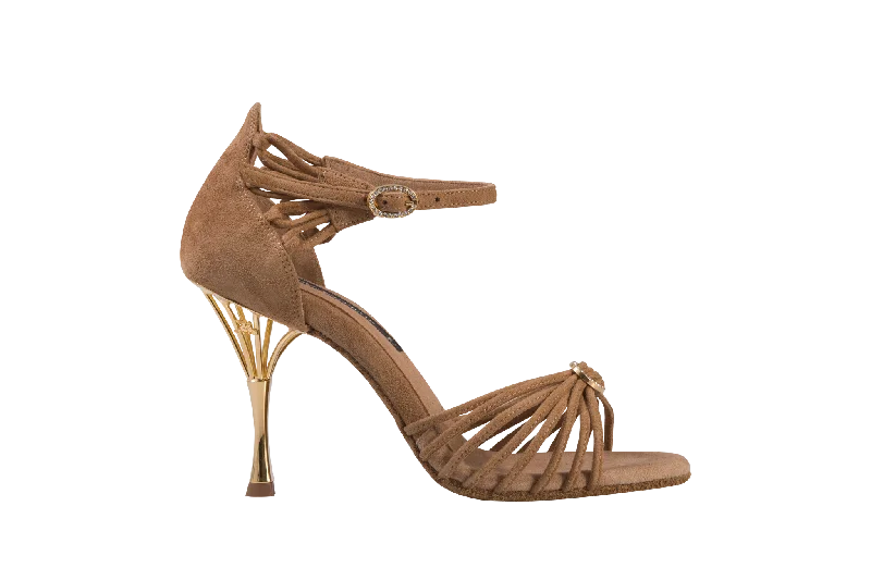 Dance Naturals 883/884 Venere Tan Suede Multi-Strap Latin Shoe with Swarovski Buckles and Flower-Shaped Embellishment on Heel