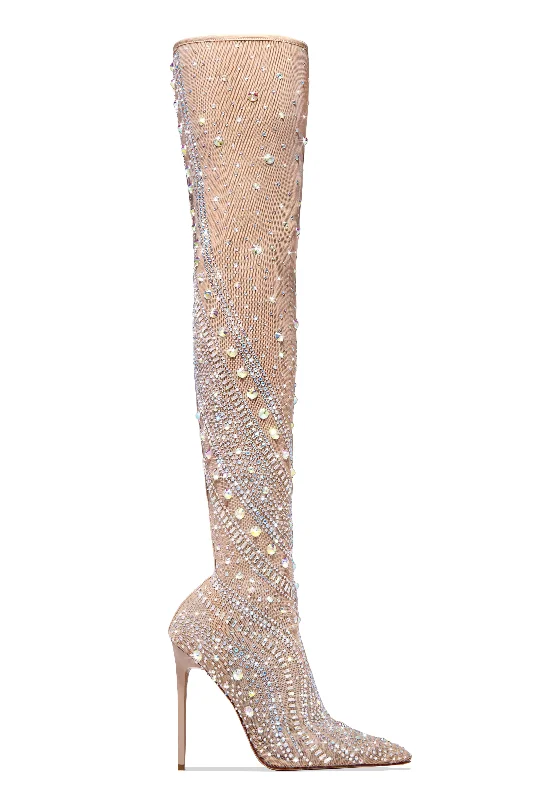 Jaw Dropping Embellished Over The Knee Boots - Nude