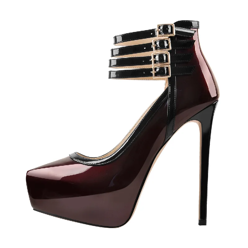 Quadruple Buckle Ankle Strap Patent High Heel Pumps